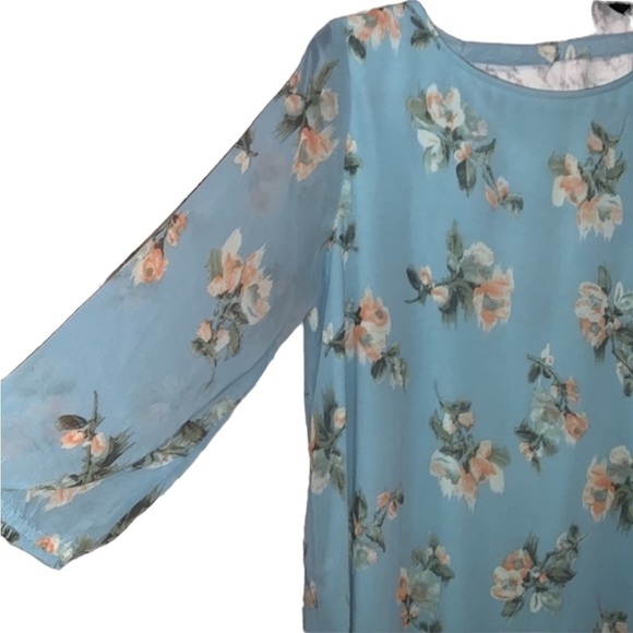 Staccato Blue Floral Shift Dress Size Large Long Sleeve Round Neck Chiffon - Picture 6 of 8